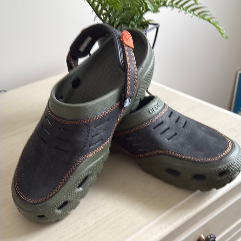 CROCS Black and Green Sandals with Slip-On Design unisex